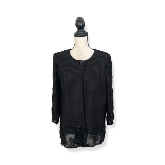 St. John black tweed embroidered sheer sleeves blazer/ jacket size 12